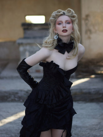 Schwarz 1970er Steampunk Rüschen Spitze Patchwork Korsett