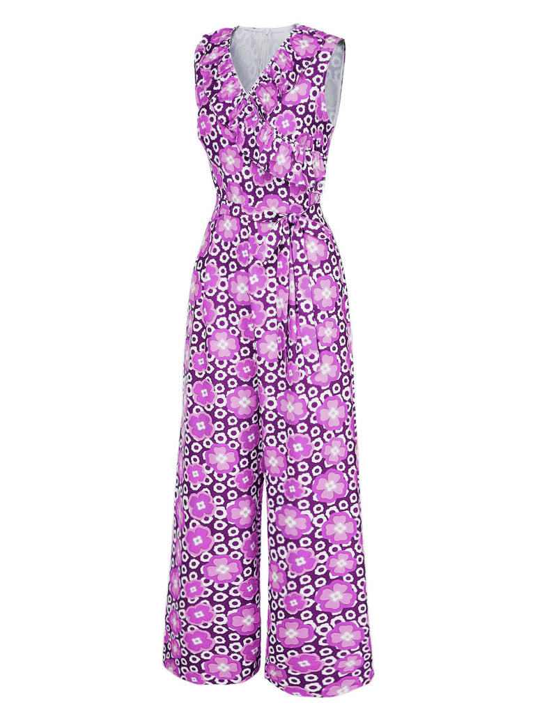 [Vorverkauf] Lila 1970er V-Ausschnitt Blumen Ärmellos Jumpsuit