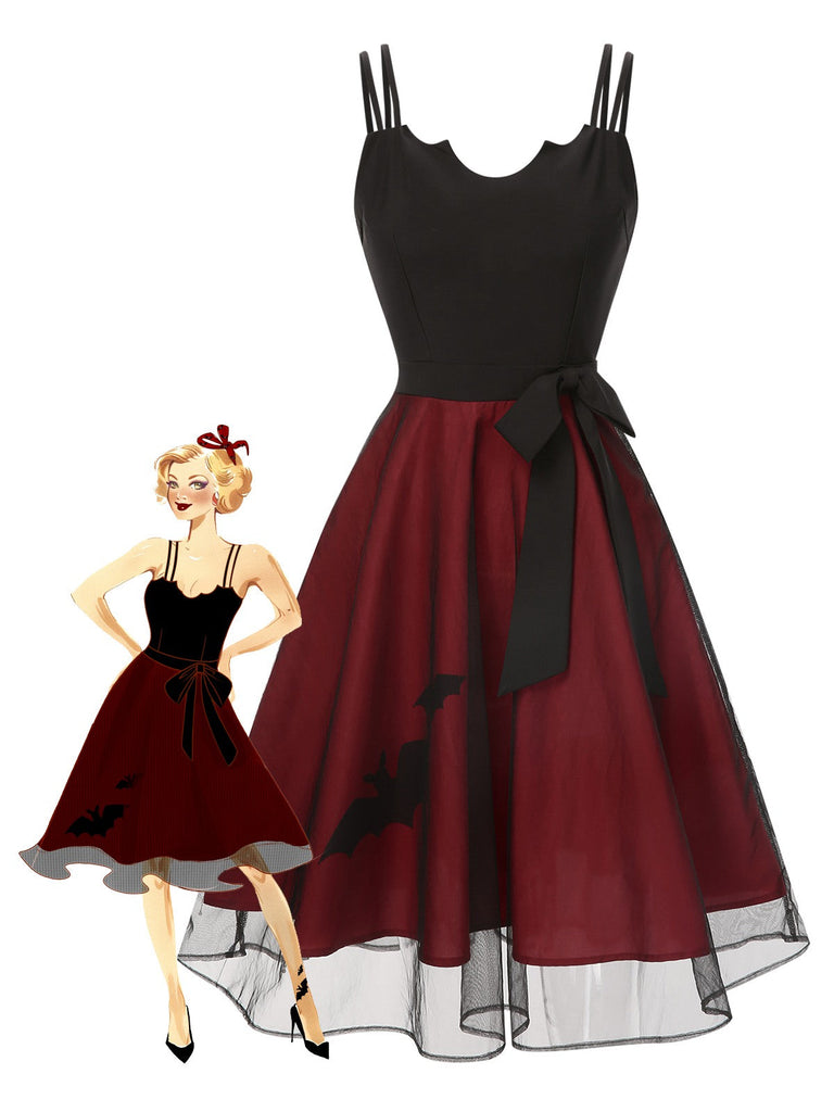 Schwarz & Rot 1950er Halloween Fledermaus Masche Kleid