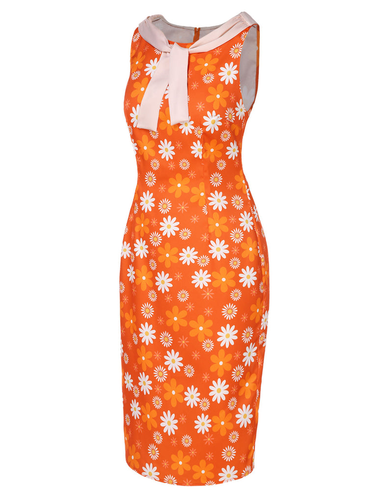 Orange 1930er Tie Neck Floral Sleeveless Kleid