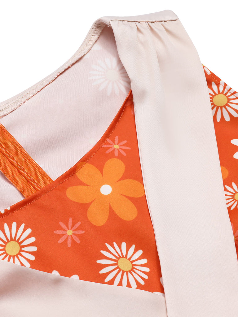Orange 1930er Tie Neck Floral Sleeveless Kleid