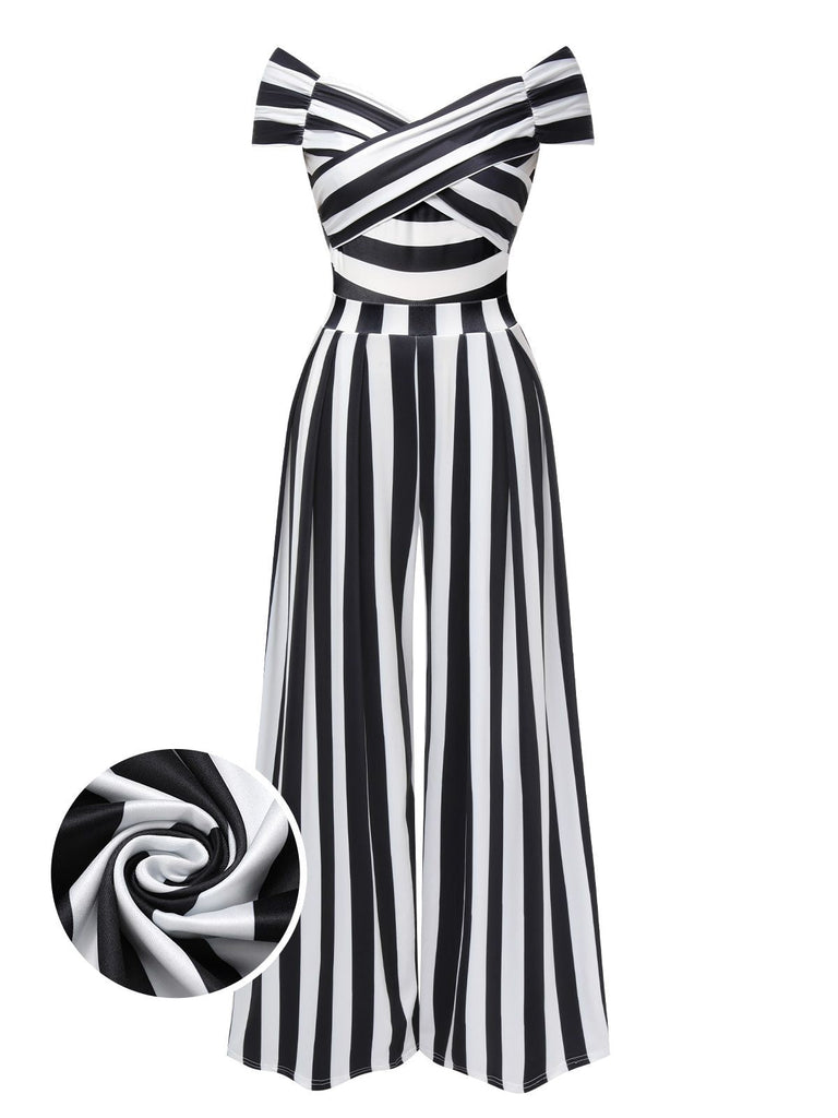 Schwarz Beetlejuice Kostüm 1960er Schulterfrei Stripes Jumpsuit