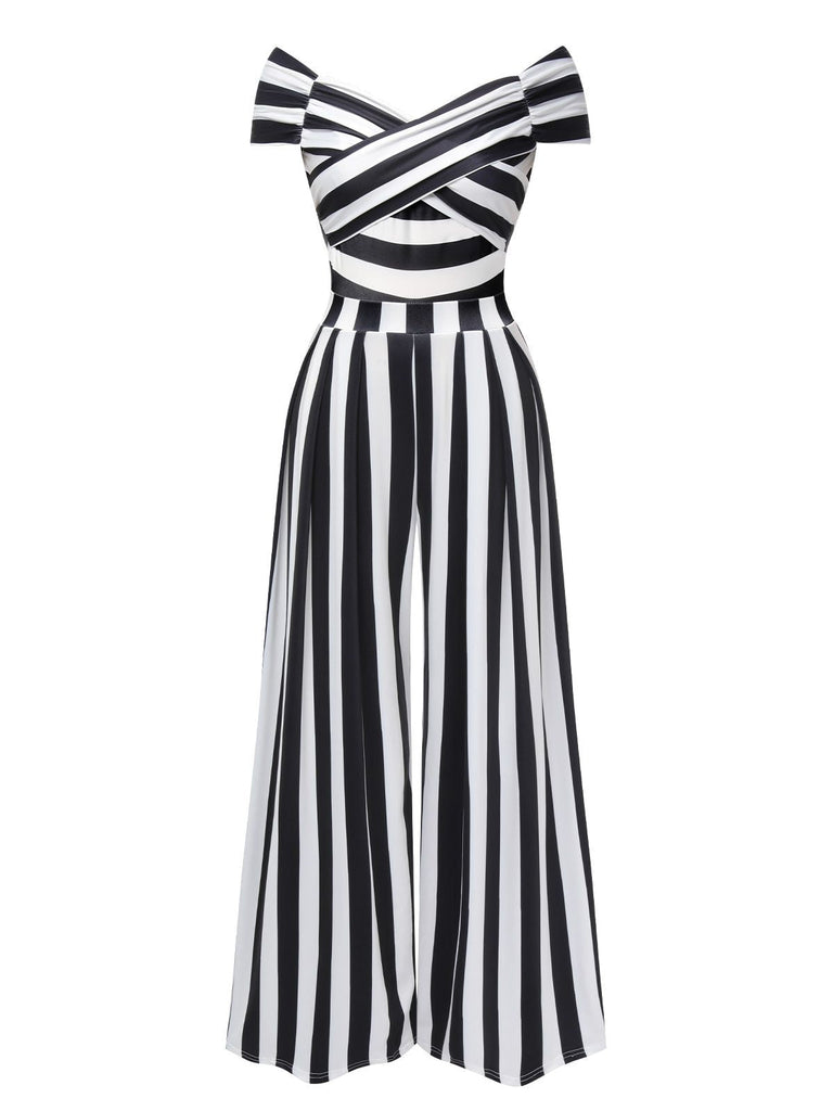 Schwarz Beetlejuice Kostüm 1960er Schulterfrei Stripes Jumpsuit