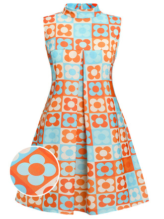 [Übergröße] Orange & Blau 1960er Blumen Stehkragen Kleid