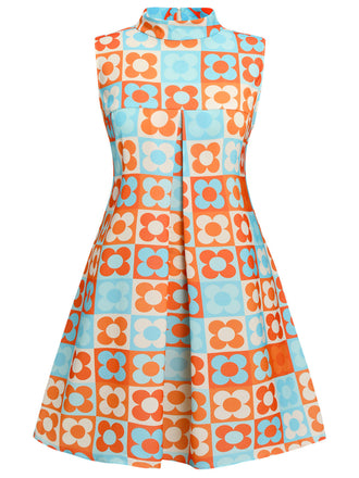 [Übergröße] Orange & Blau 1960er Blumen Stehkragen Kleid