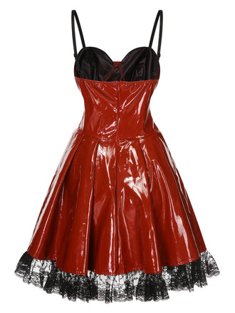 Red 1970er Steampunk Glossy Lace-Up Suspender Dress