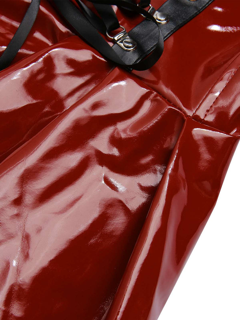 Red 1970er Steampunk Glossy Lace-Up Suspender Dress