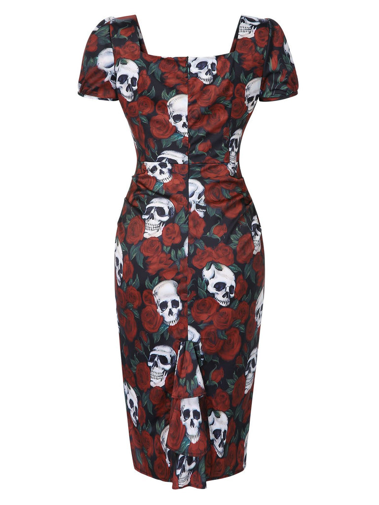 Rot 1960er Rose Totenkopf Quadratischer Hals Bleistift Kleid