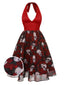 Weinrot 1950er Halter Halloween Roses Skeleton Masche Kleid