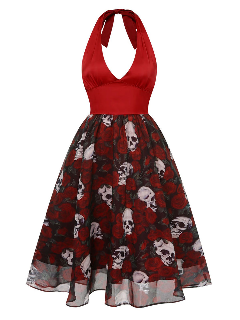 Weinrot 1950er Halter Halloween Roses Skeleton Masche Kleid