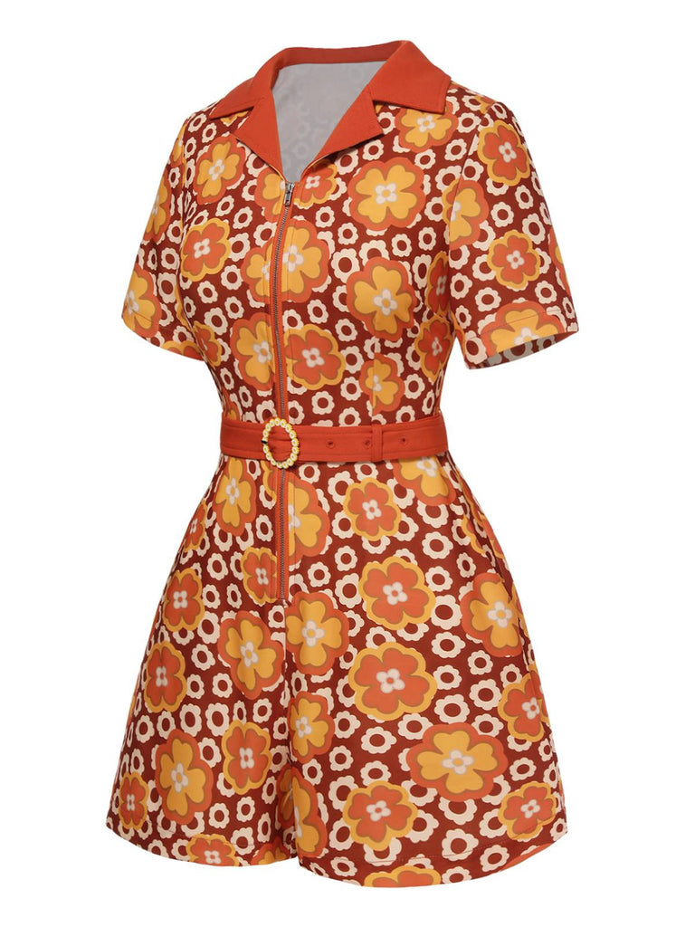 Orange 1960er Cartoon Blumen Revers Romper