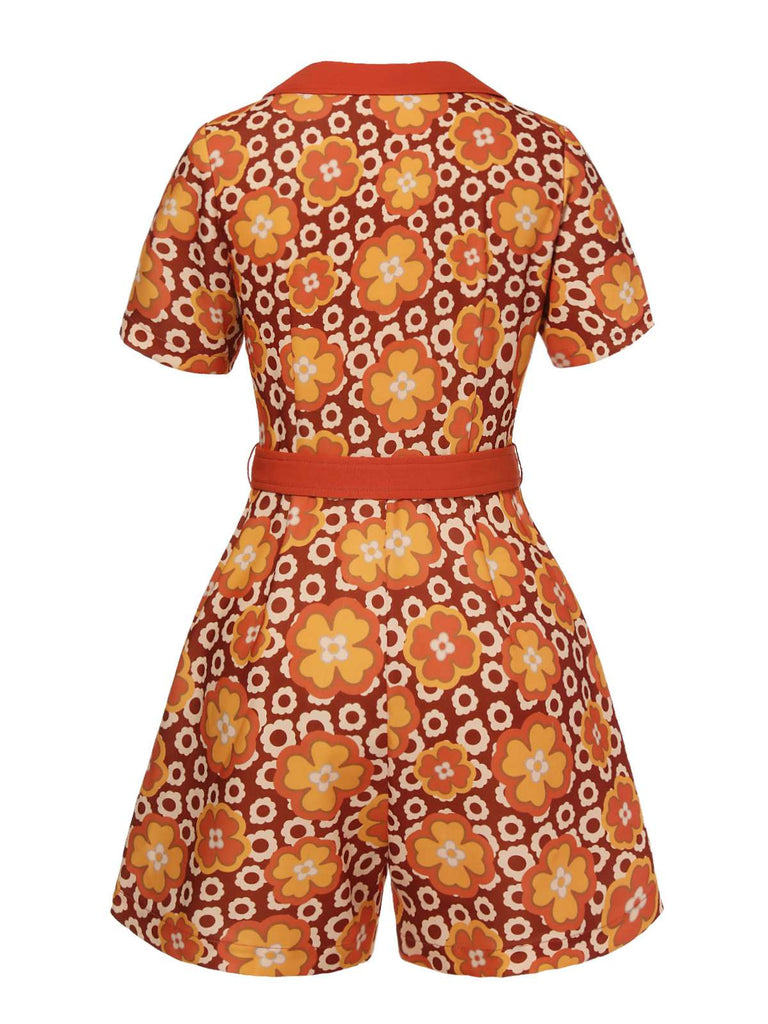 Orange 1960er Cartoon Blumen Revers Romper