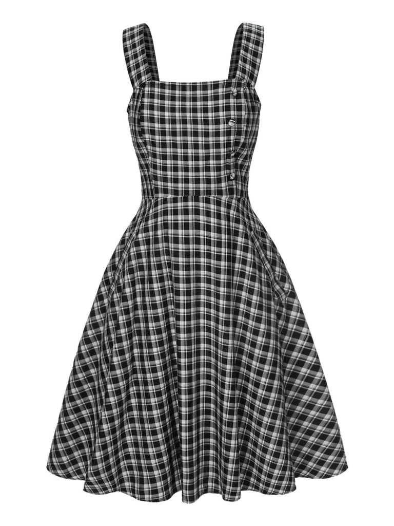Dunkelgrau 1950er Träger Plaids Ärmellos Kleid