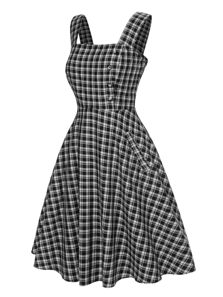 Dunkelgrau 1950er Träger Plaids Ärmellos Kleid