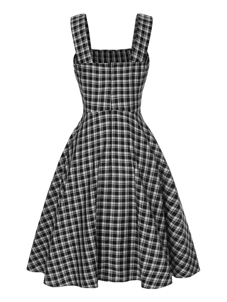 Dunkelgrau 1950er Träger Plaids Ärmellos Kleid