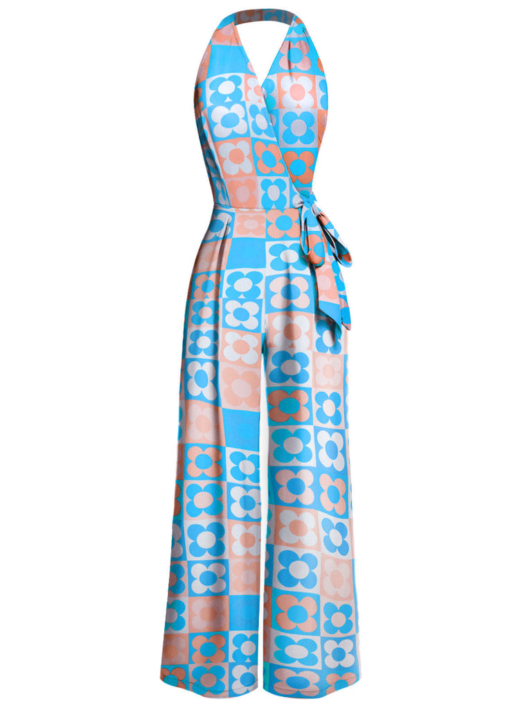 1960er Halter Farbblock Blumen Ärmellos Jumpsuit