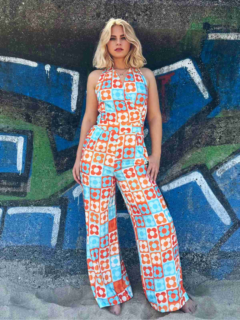 [Vorverkauf] Rot 1960er Halloween Halter Schädel Ärmellos Jumpsuit