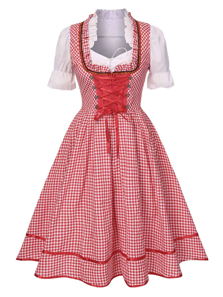 2PCS 1950er Oktoberfest Weiß Top & Rot Plaid Kleid & Rot Schürze