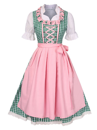 2PCS 1950er Oktoberfest Dirndl Weiß Top & Grün Plaid Kleid & Rosa Schürze