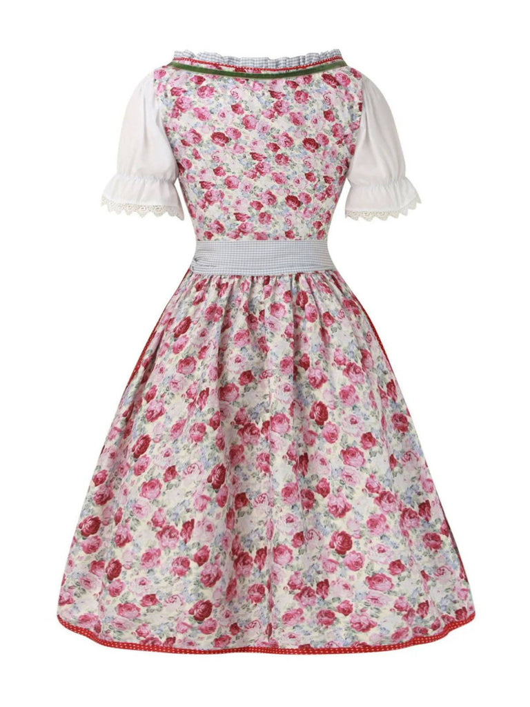 2PCS 1950er Oktoberfest Weiß Top & Rose Kleid & Rot Schürze