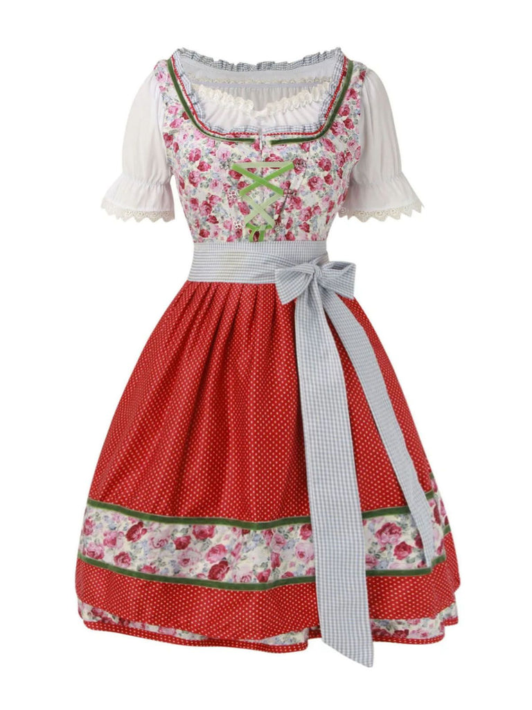 2PCS 1950er Oktoberfest Weiß Top & Rose Kleid & Rot Schürze