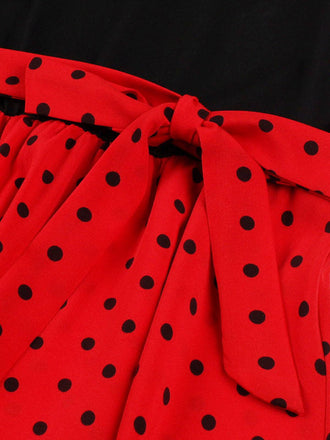 Rot 1950er Polka Dots Patchwork Kleid mit Gürtel