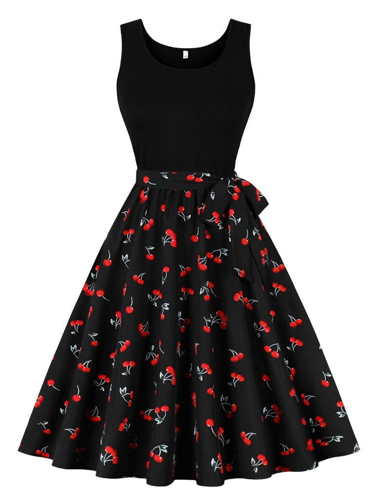 [Größentabelle] Schwarz 1950er Red Kirsche Patchwork Swing Kleid