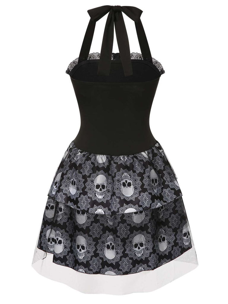 Schwarz 1950er Halloween Totenkopf Schnürung Neckholder Kleid