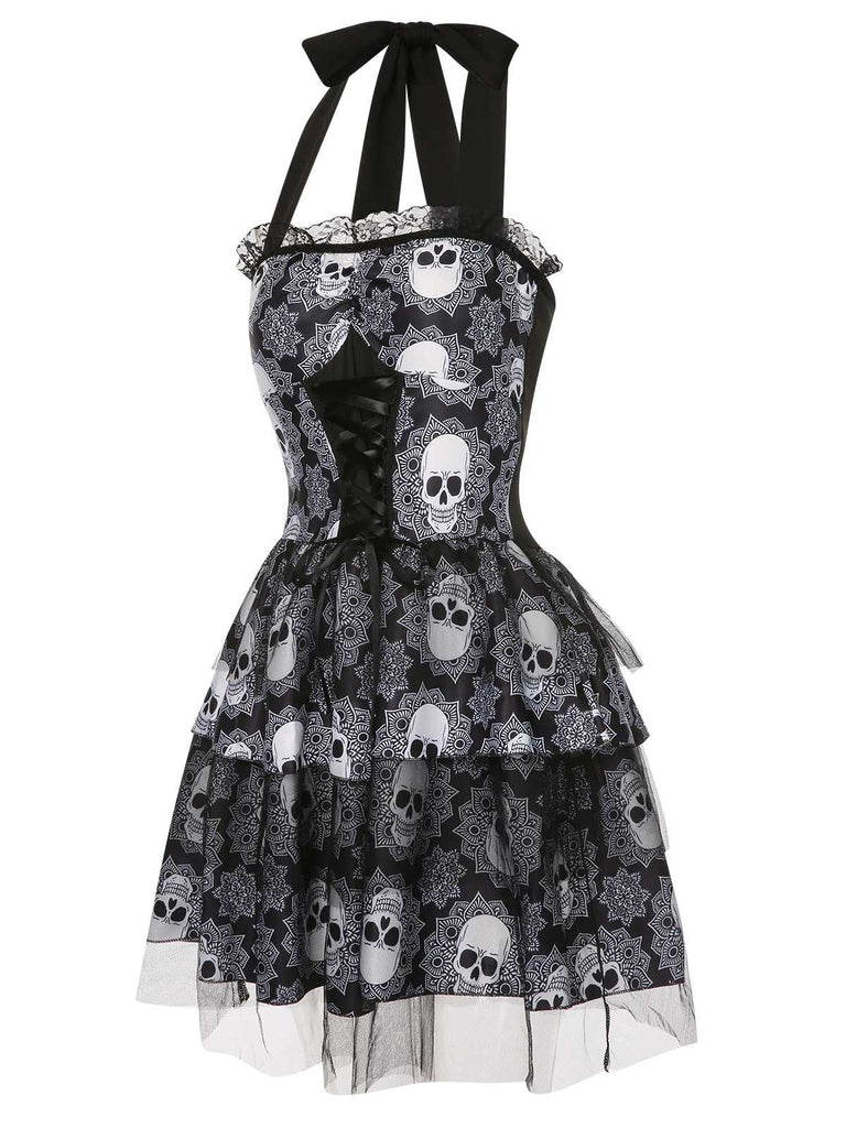 Schwarz 1950er Halloween Totenkopf Schnürung Neckholder Kleid