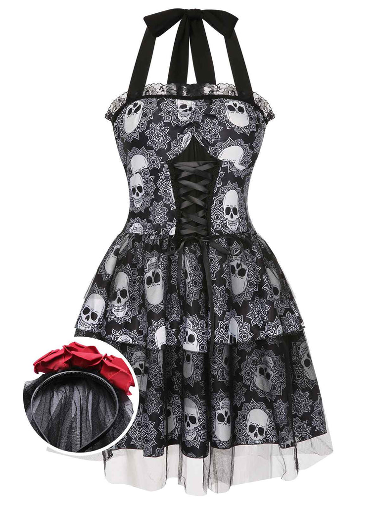 Schwarz 1950er Halloween Totenkopf Schnürung Neckholder Kleid