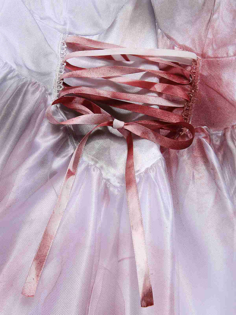 Weiß 1940er Halloween Zombie Braut Blutflecken Schnürung Kleid