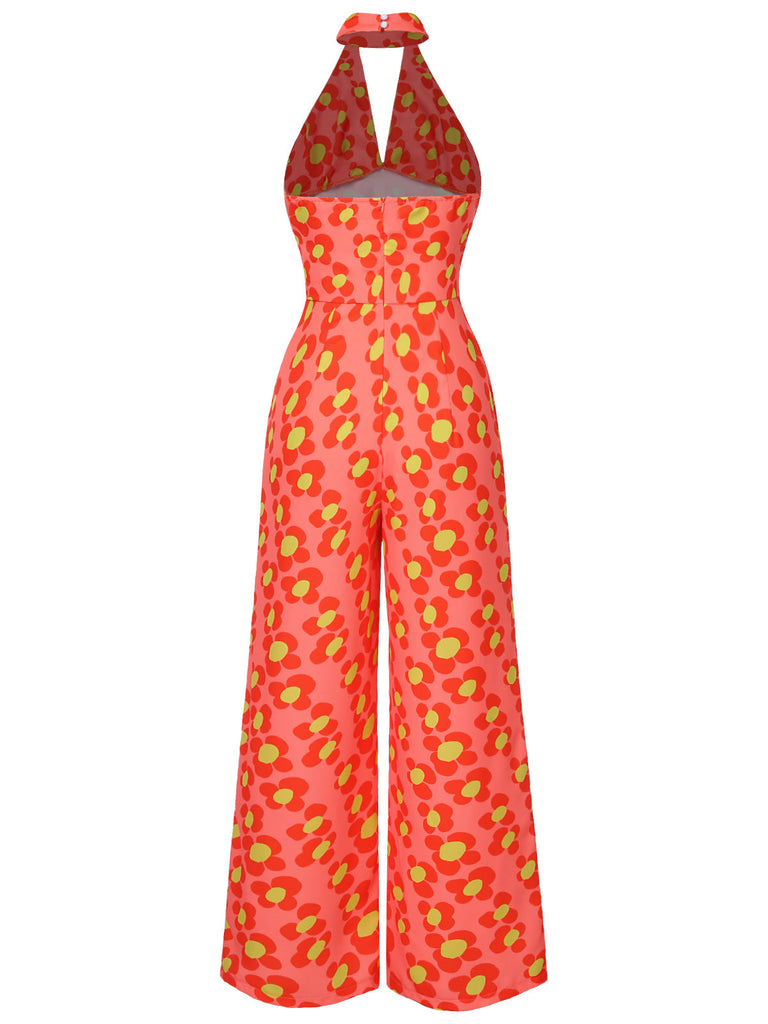 [Vorverkauf] Orange 1960er Blumen Rückenfrei Jumpsuit