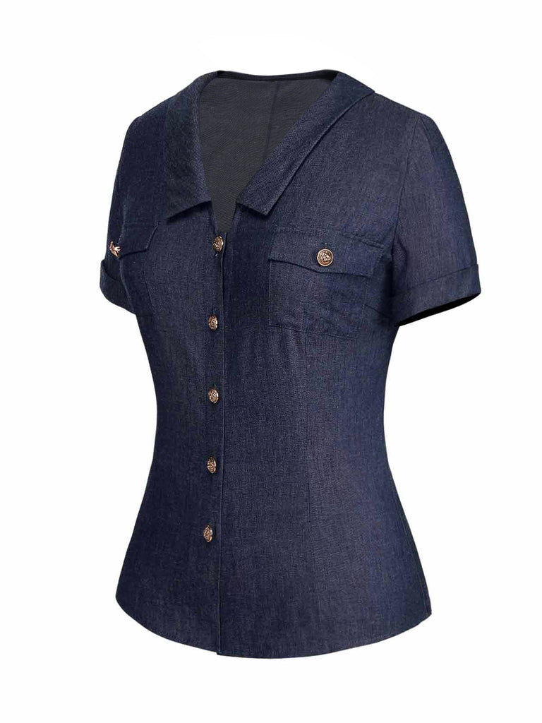 [Vorverkauf] 2PCS Blau 1940er Solide Revers Bluse & Gürtel Rock