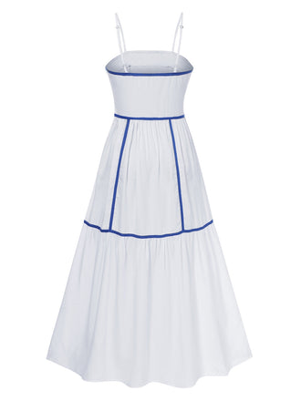 Weiß 1950er Spaghetti Träger Blau Linien Kleid