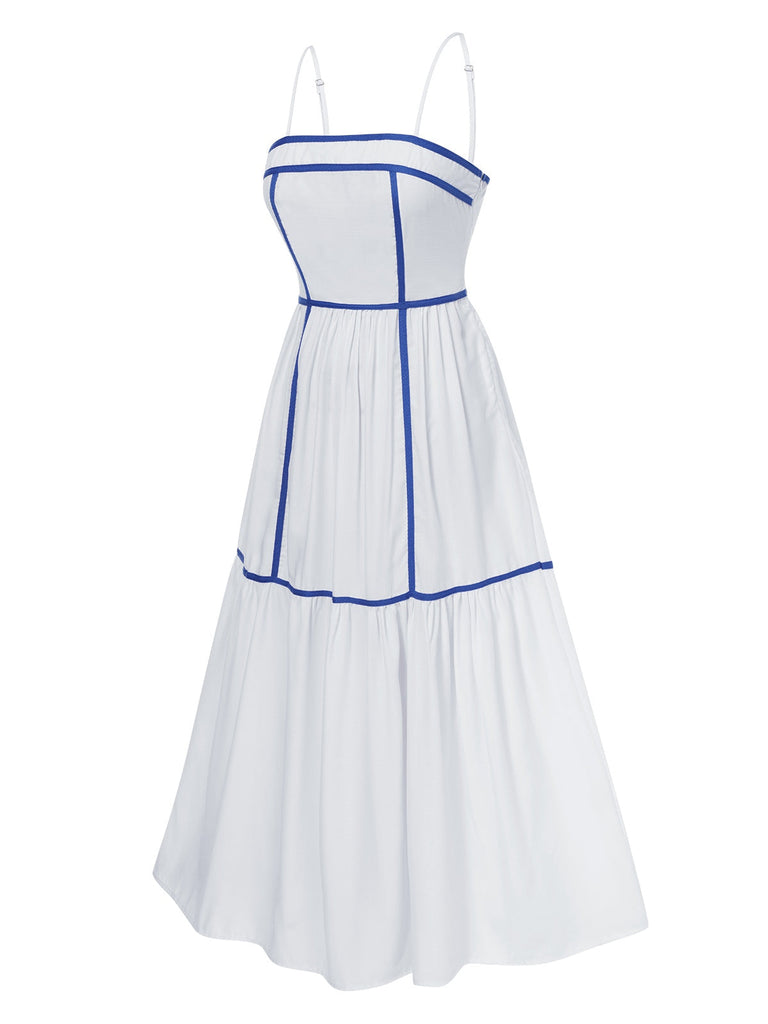 Weiß 1950er Spaghetti Träger Blau Linien Kleid