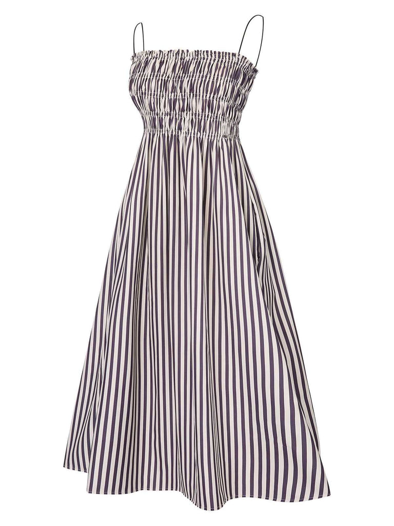 Schwarz 1950er Streifen Wrinkles Spaghetti Träger Dress