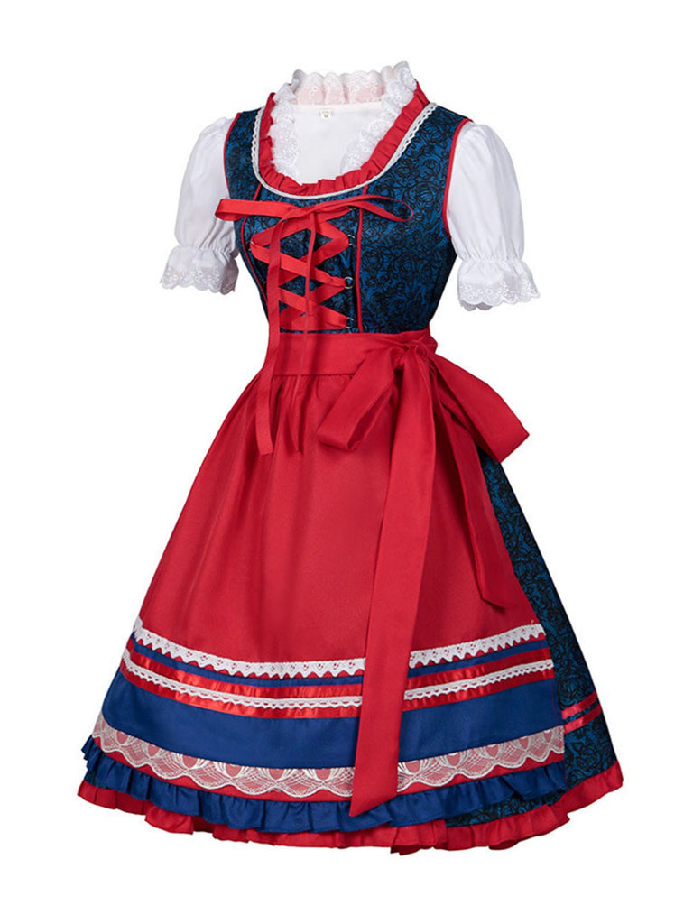 2PCS Blau 1950er Oktoberfest Bayerischer Karneval Kleid & Rot Schürze