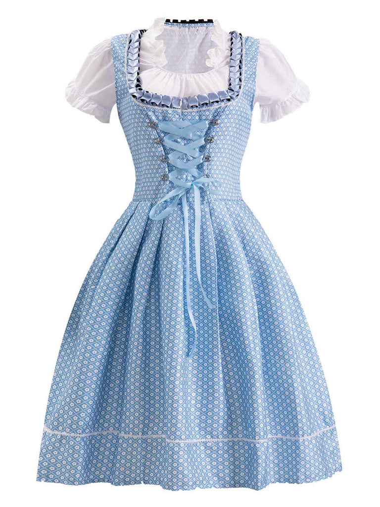 Blau 1950er Oktoberfest Spitze Patchwork Kleid Set