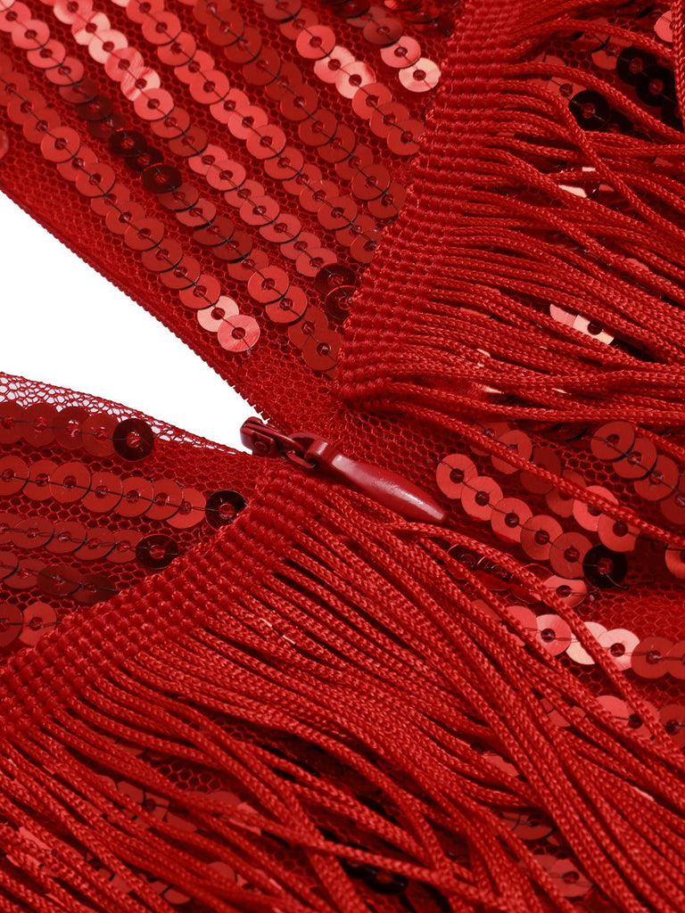 Red 1920er Spaghetti Träger Sequin Fringe Kleid