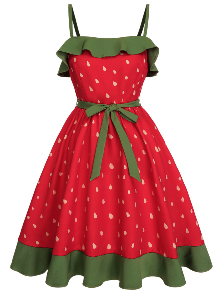 [Vorverkauf] [Übergröße] Rotes 50er Kleid mit Erdbeeren und Rüschen