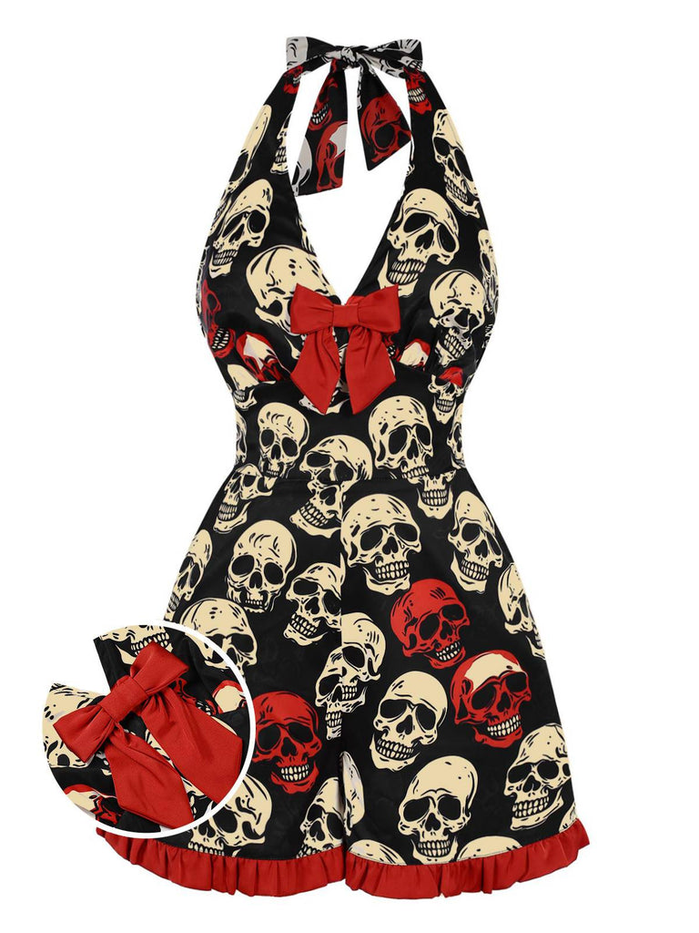 [Vorverkauf] Schwarz 1960er Halloween Totenkopf Gerüschter Saum Romper