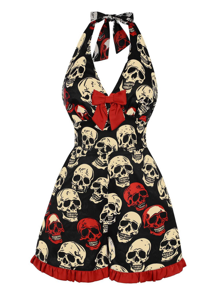 [Vorverkauf] Schwarz 1960er Halloween Totenkopf Gerüschter Saum Romper
