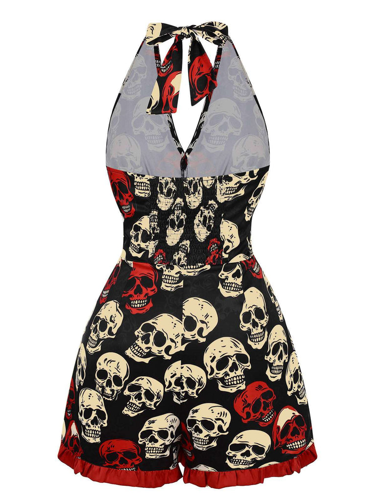 [Vorverkauf] Schwarz 1960er Halloween Totenkopf Gerüschter Saum Romper