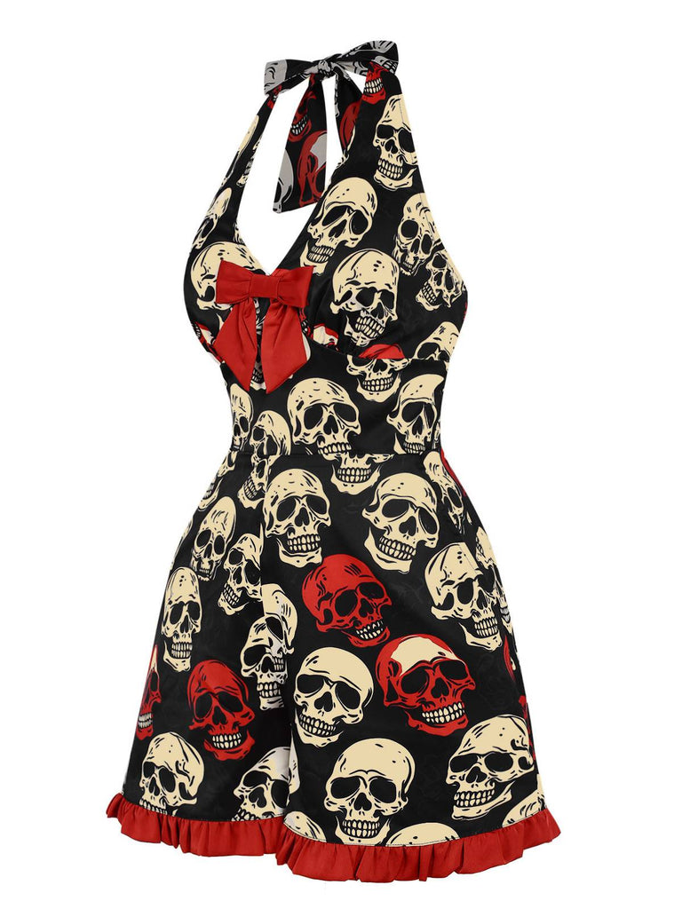 [Vorverkauf] Schwarz 1960er Halloween Totenkopf Gerüschter Saum Romper