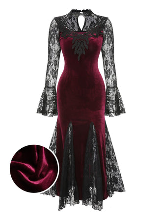 Weinrot 1930er Gothic Hexen Vampir Spitze Langarm Meerjungfrauenkleid