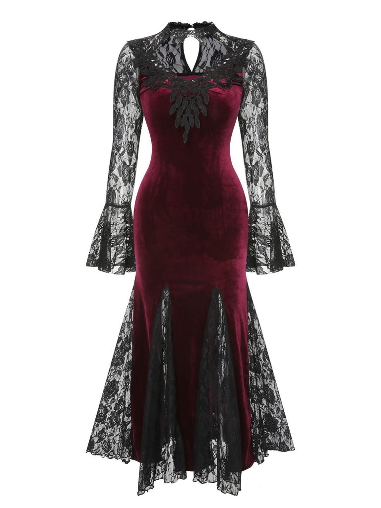 Weinrot 1930er Gothic Hexen Vampir Spitze Langarm Meerjungfrauenkleid