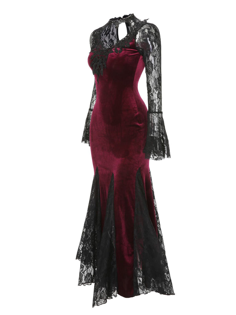 Weinrot 1930er Gothic Hexen Vampir Spitze Langarm Meerjungfrauenkleid
