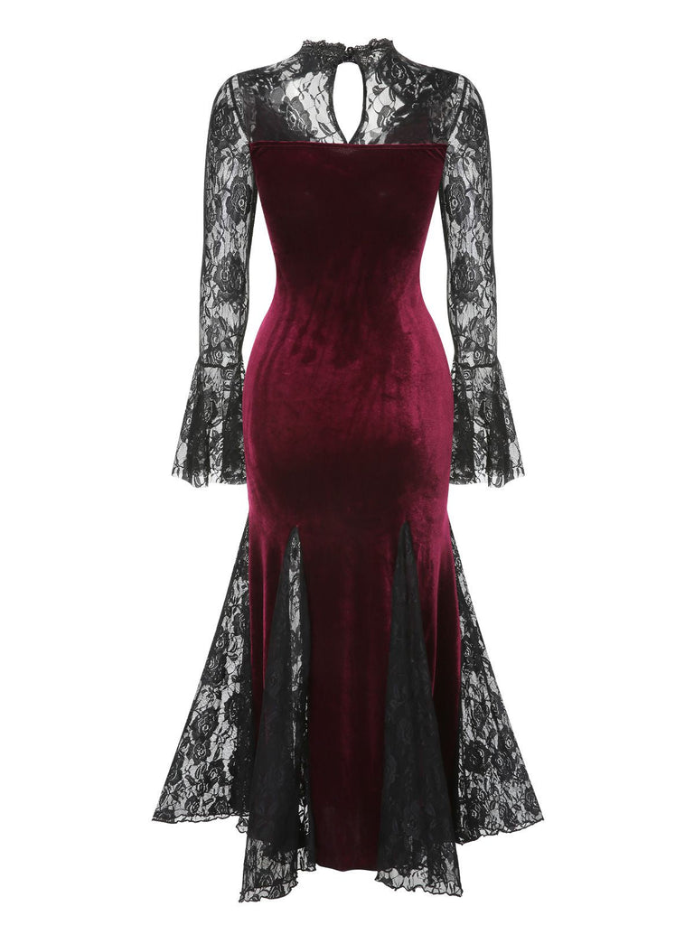 Weinrot 1930er Gothic Hexen Vampir Spitze Langarm Meerjungfrauenkleid