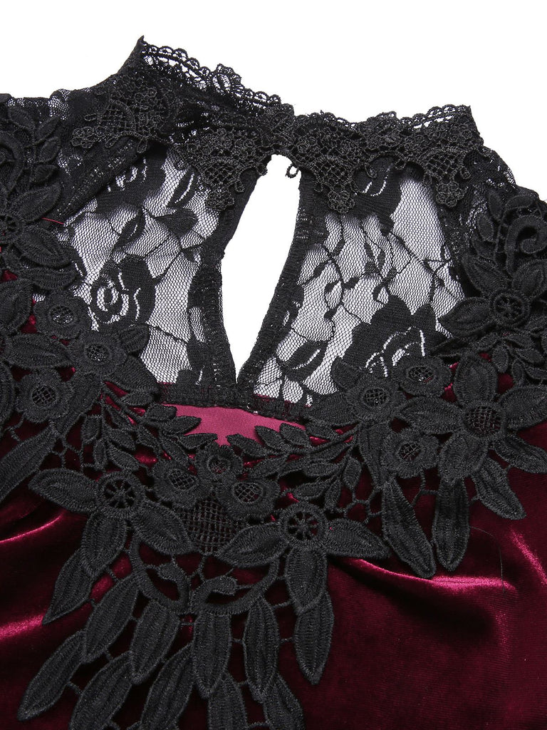 Weinrot 1930er Gothic Hexen Vampir Spitze Langarm Meerjungfrauenkleid