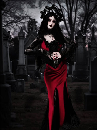 Weinrot 1930er Gothic Hexen Vampir Spitze Langarm Meerjungfrauenkleid